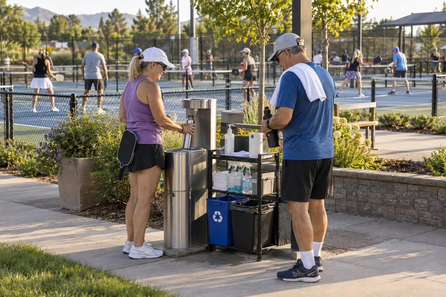 Players using a clean bottle-filling station beside a busy pickleball session