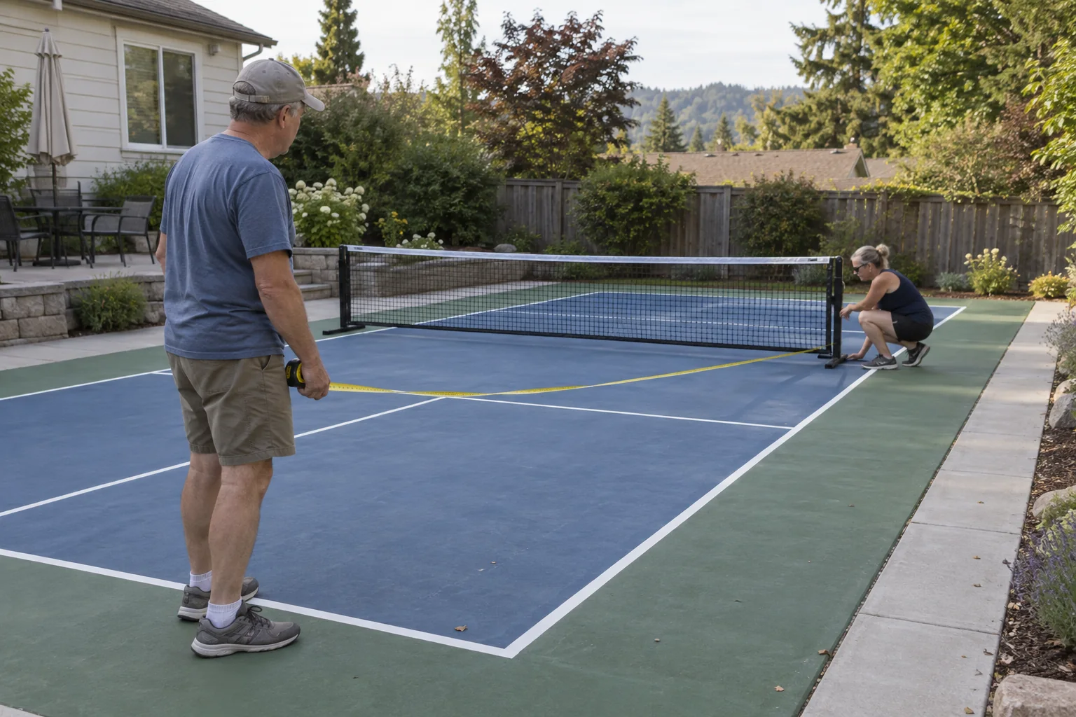 Dos jugadores midiendo el espacio libre alrededor de una pista de pickleball doméstica