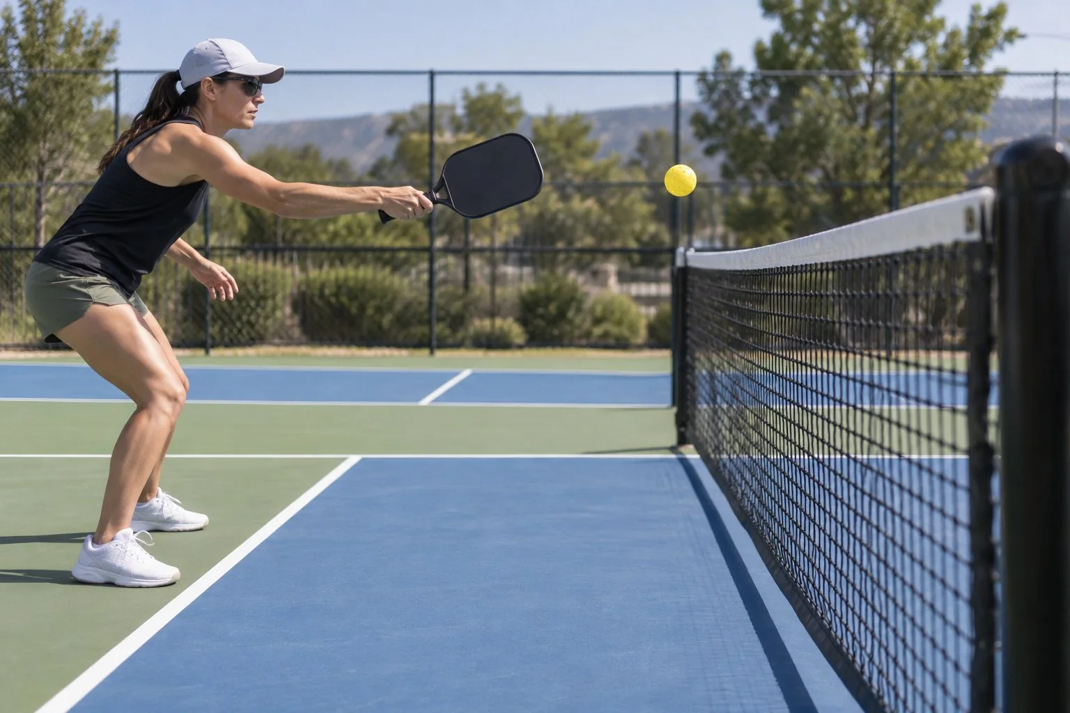 Gros plan réaliste montrant une raquette de pickleball tenue à distance du filet pendant un échange