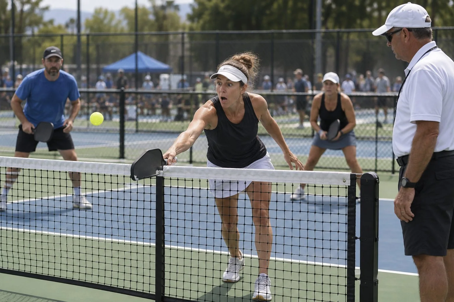 Arbitre observant une situation de contact avec le filet sur un court de pickleball