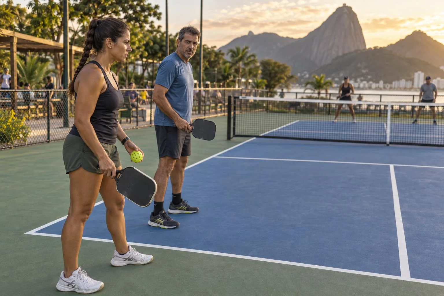 Dupla brasileira conferindo a posição atrás da linha de fundo antes do ponto