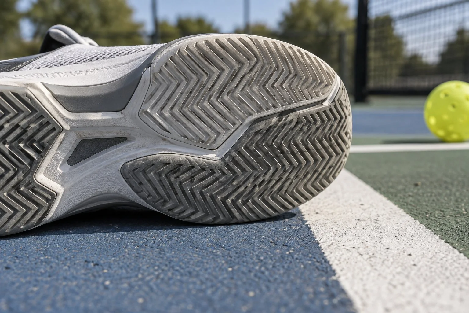 Close-up of a pickleball shoe outsole beside a court line