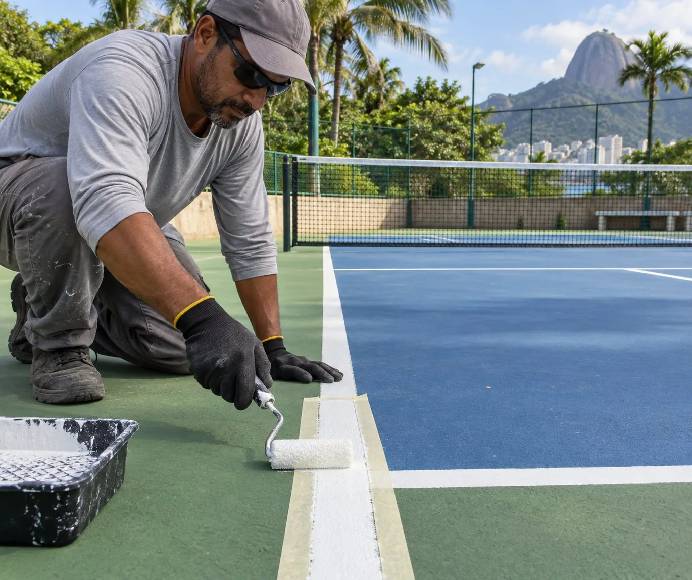 Aplicação cuidadosa de pintura nas linhas de uma quadra de pickleball com fita de mascaramento
