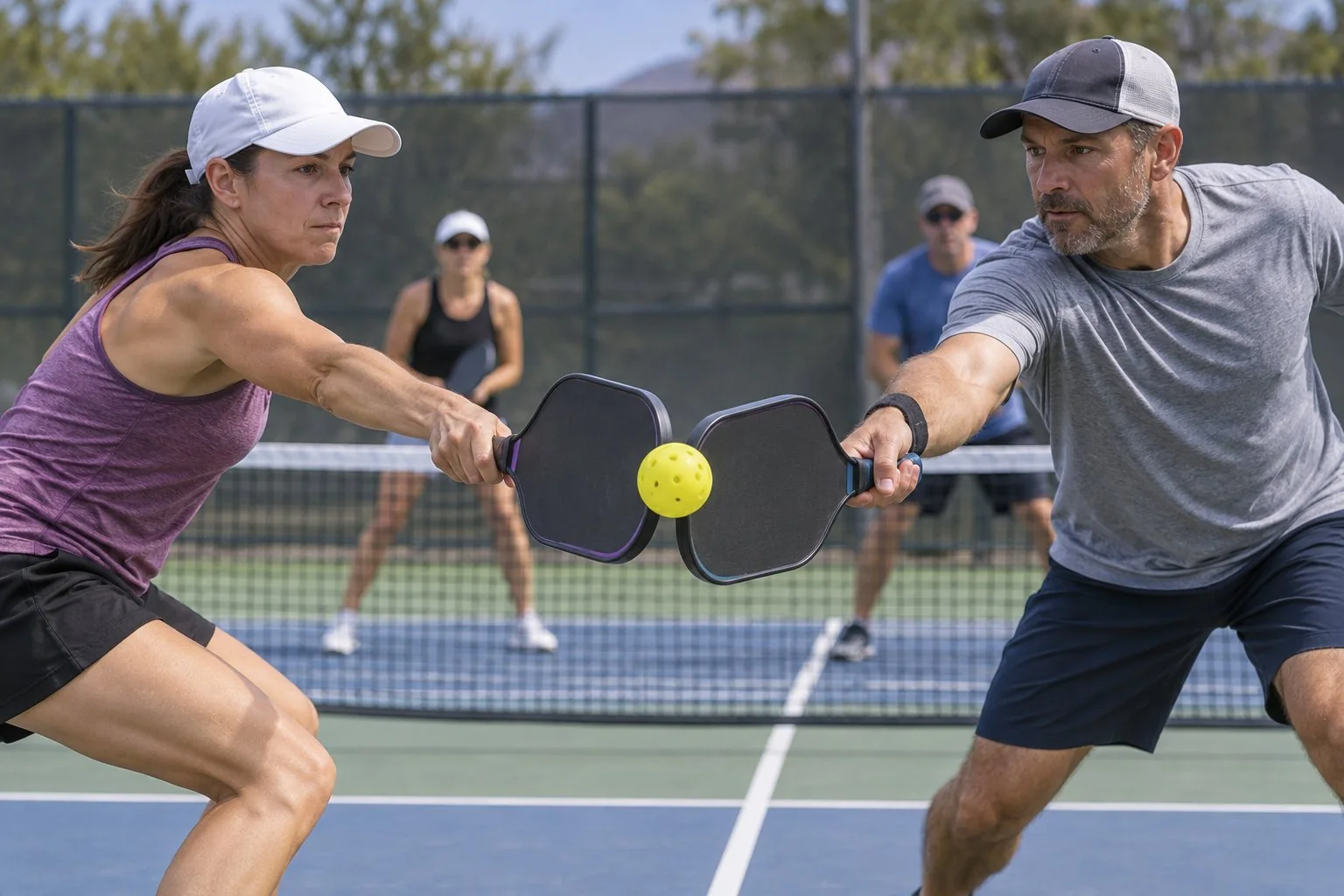 Hai đồng đội vô tình cùng chạm một quả bóng pickleball