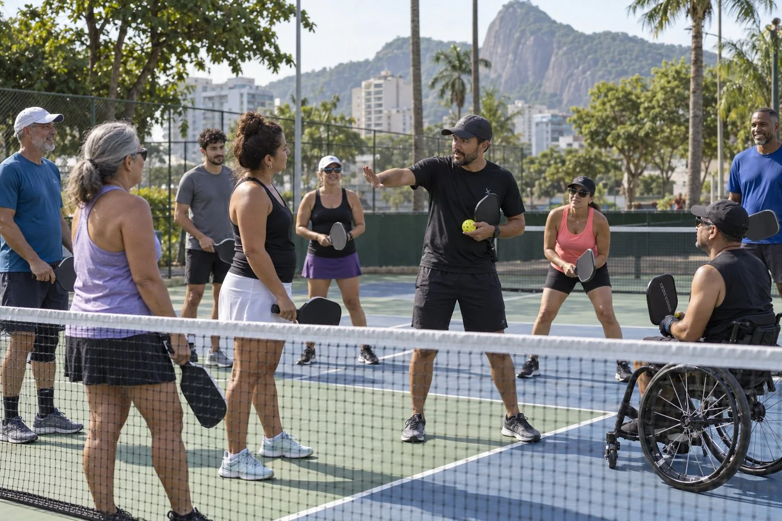 Grupo lusófono diverso em uma sessão de pickleball inclusiva, com instrutor demonstrando comunicação e rotação