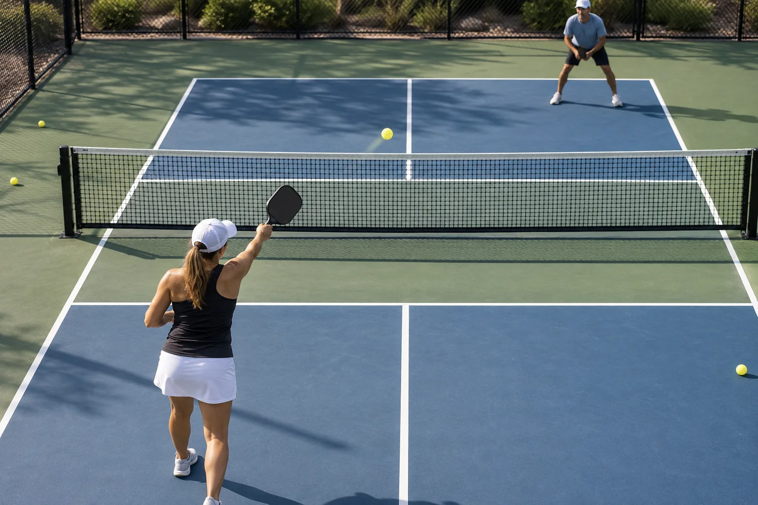 Overhead view of a diagonal pickleball serve landing inside the correct service box