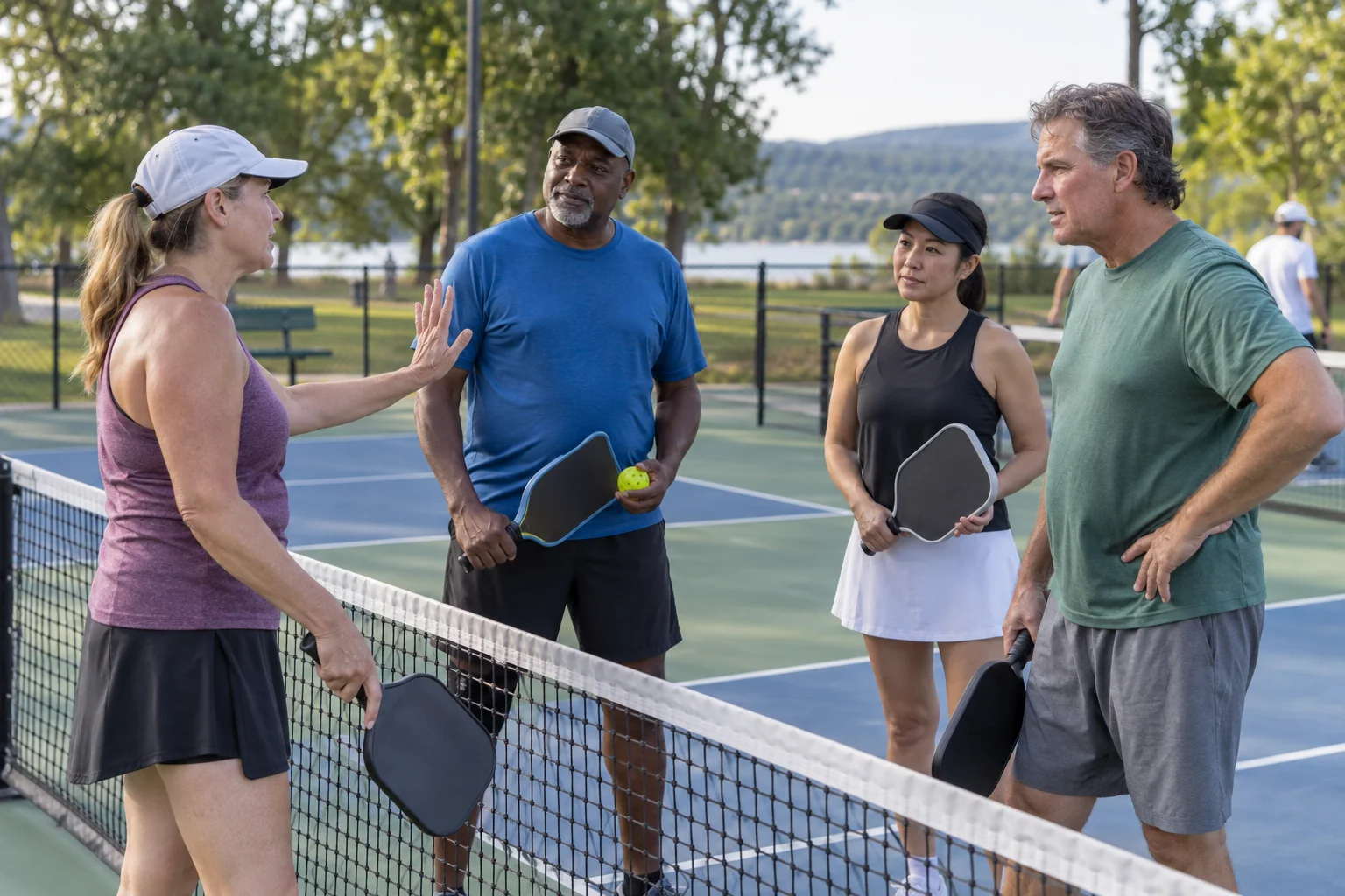Recreational doubles players pausing beside the pickleball net to discuss a replay call