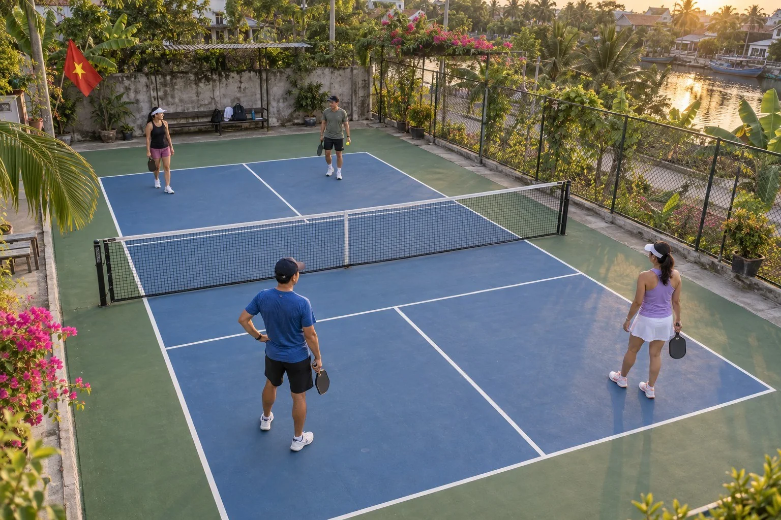 Người chơi pickleball Việt Nam kiểm tra vị trí giao sau khi đổi quyền giao