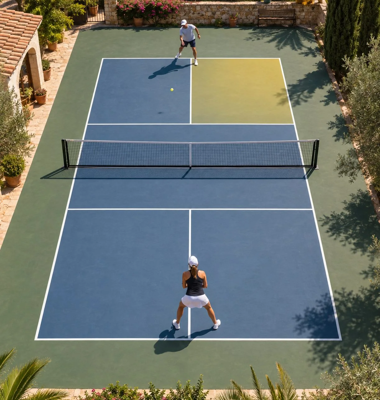 Vista elevada de una pista de pickleball con cuadros de servicio y posiciones de los jugadores