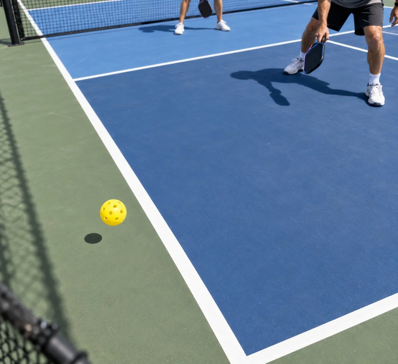 Balle de pickleball retombant nettement au-delà de la ligne de fond