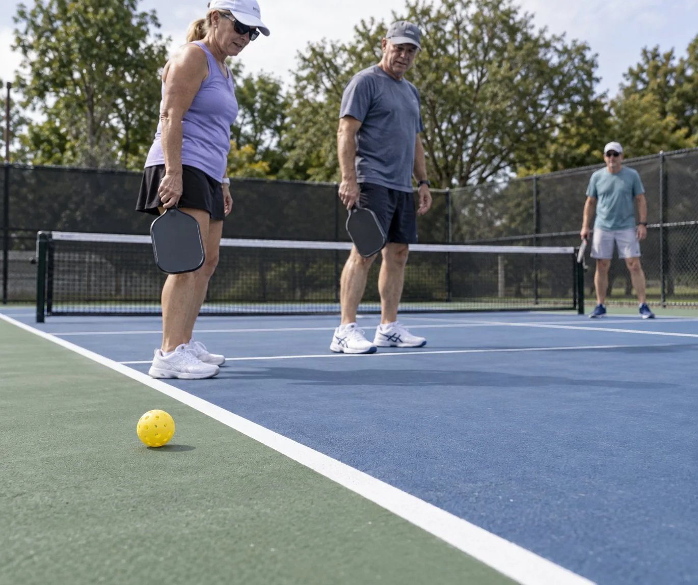 Pickleball lands clearly outside the sideline while players watch