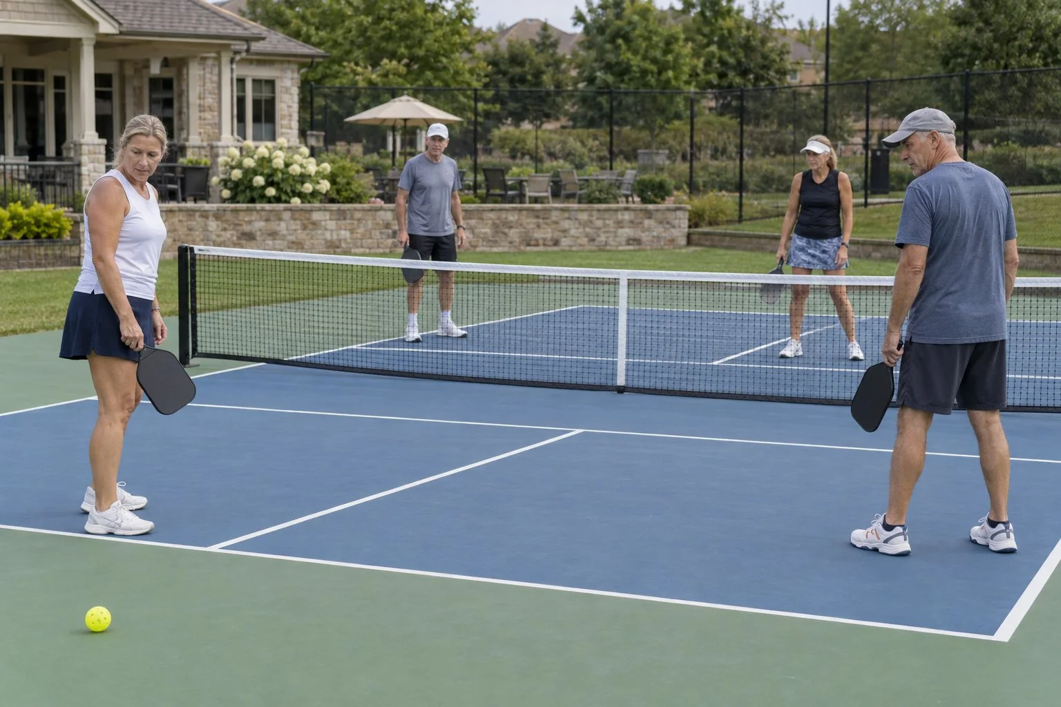 Players safely wait as an outside ball interrupts a pickleball rally