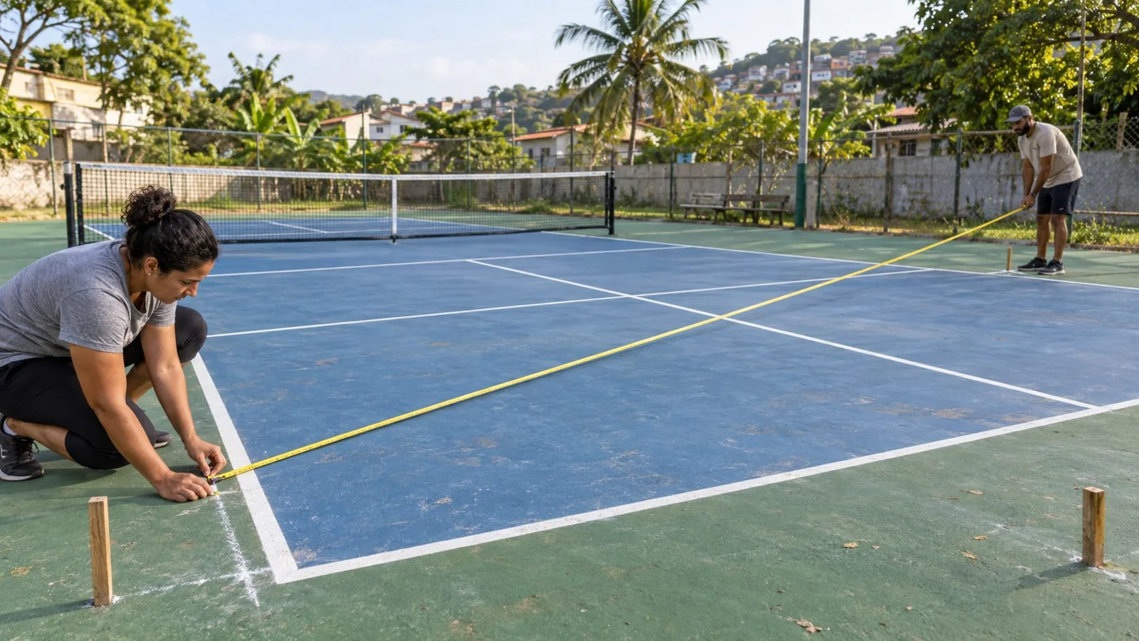 Voluntários medindo a distância entre os cantos de uma quadra de pickleball