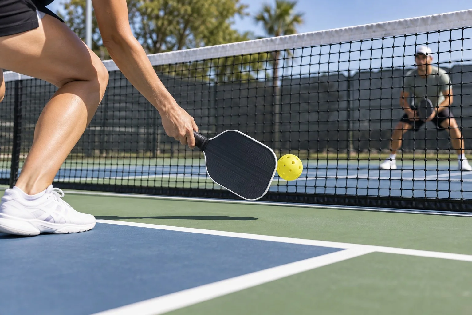 Người giao đứng sau vạch cuối sân trước cú giao pickleball