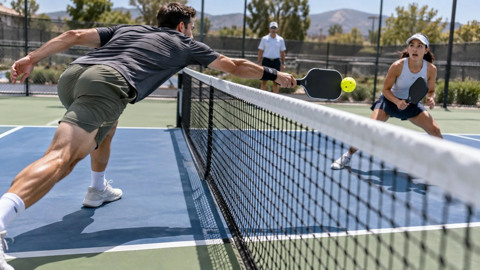 Người chơi pickleball dừng lại để sửa vị trí chân sau đường cuối sân
