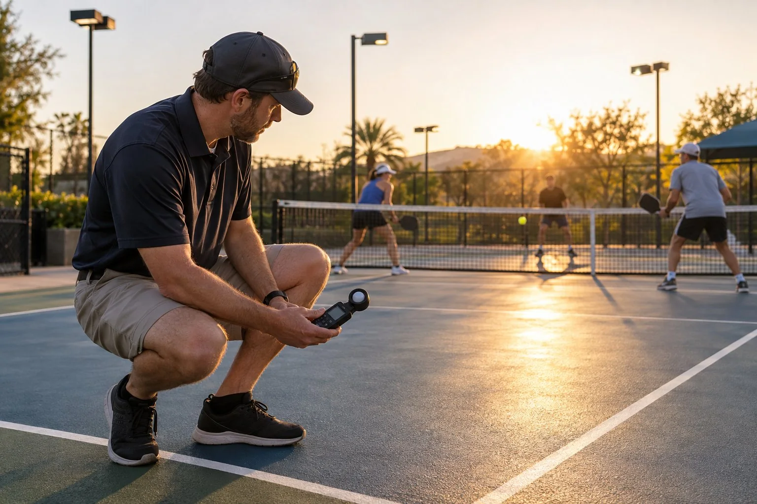 Gestionnaire verifiant les zones d’eclairage autour d’un court de pickleball