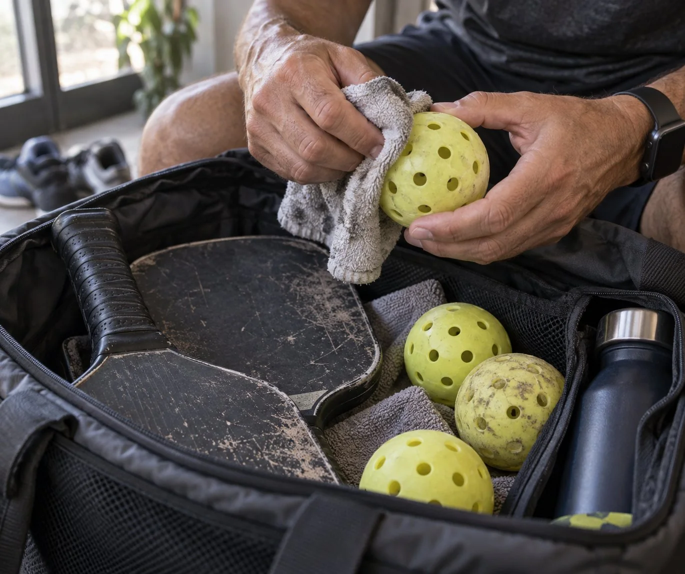 Close de mãos lusófonas separando bolas limpas e secas de uma raquete dentro de uma bolsa esportiva