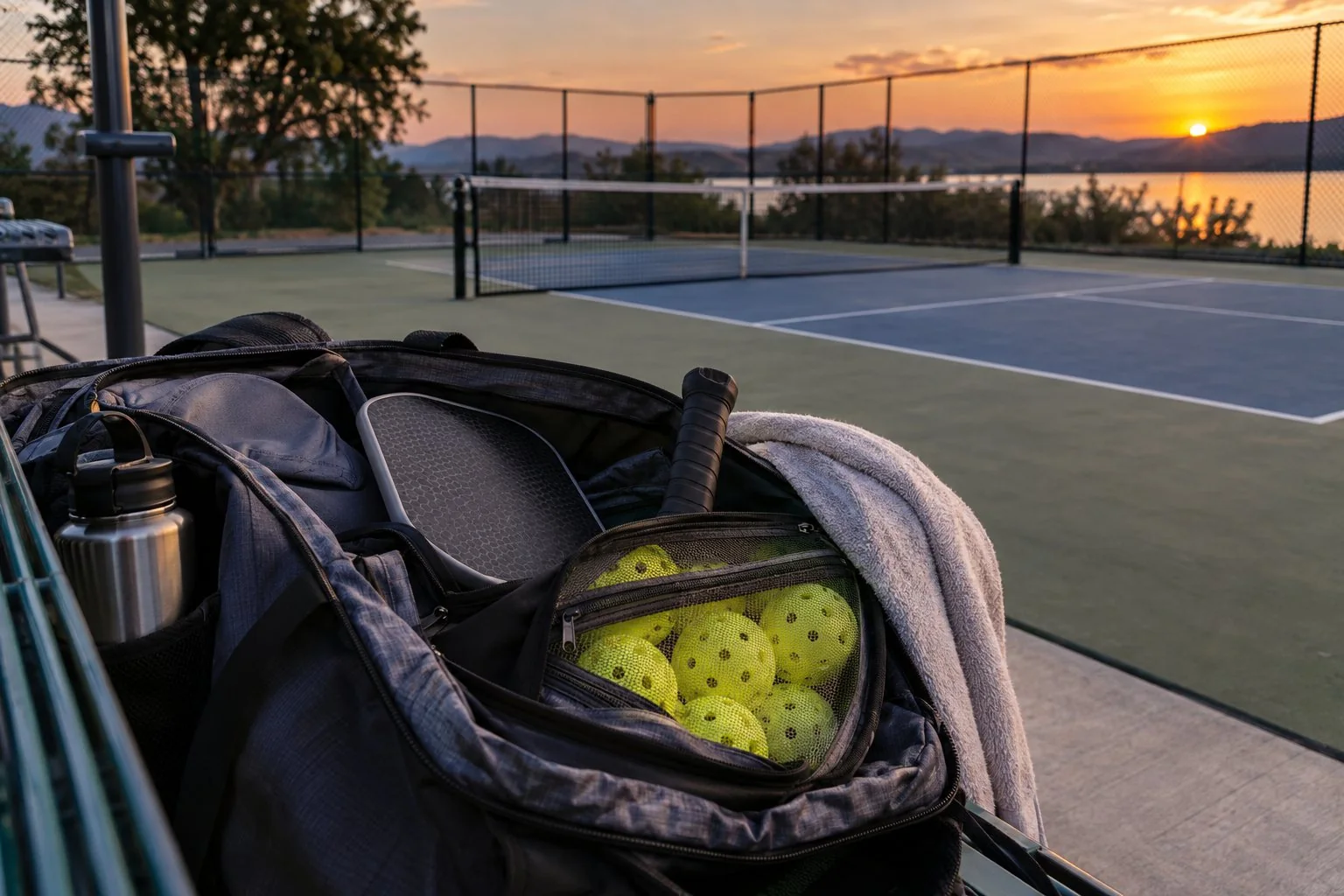 Vista de uma bolsa esportiva aberta com bolas de pickleball protegidas em compartimento separado, em uma quadra externa ao entardecer