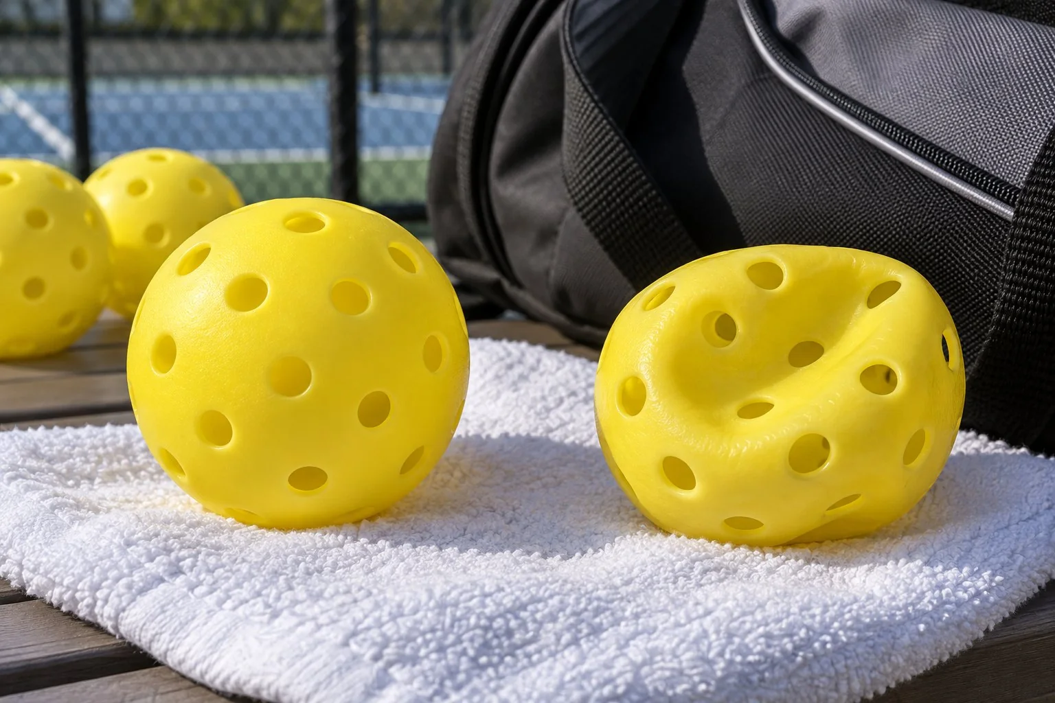 Joueur rangeant des balles de pickleball dans une boite ventilee