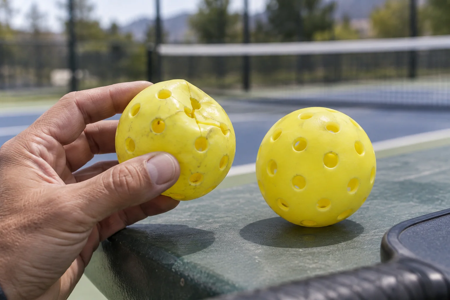 Detalle de una mano revisando una bola de pickleball deformada junto a otra en buen estado