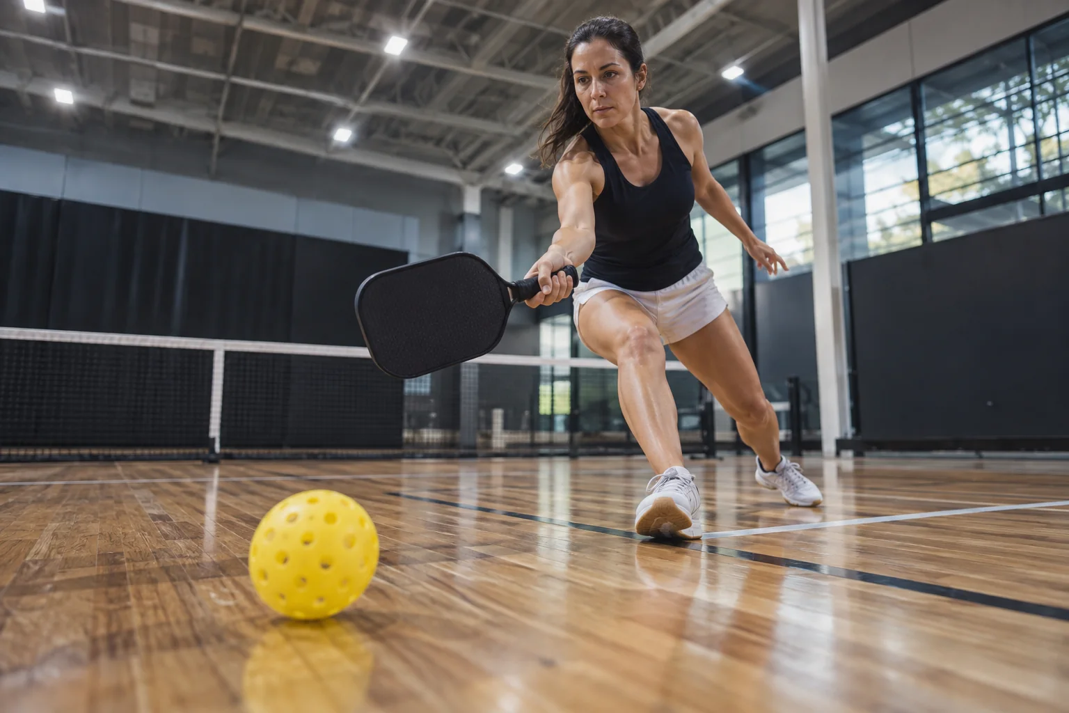 Jugadora practicando con una bola de pickleball de interior en una pista cubierta