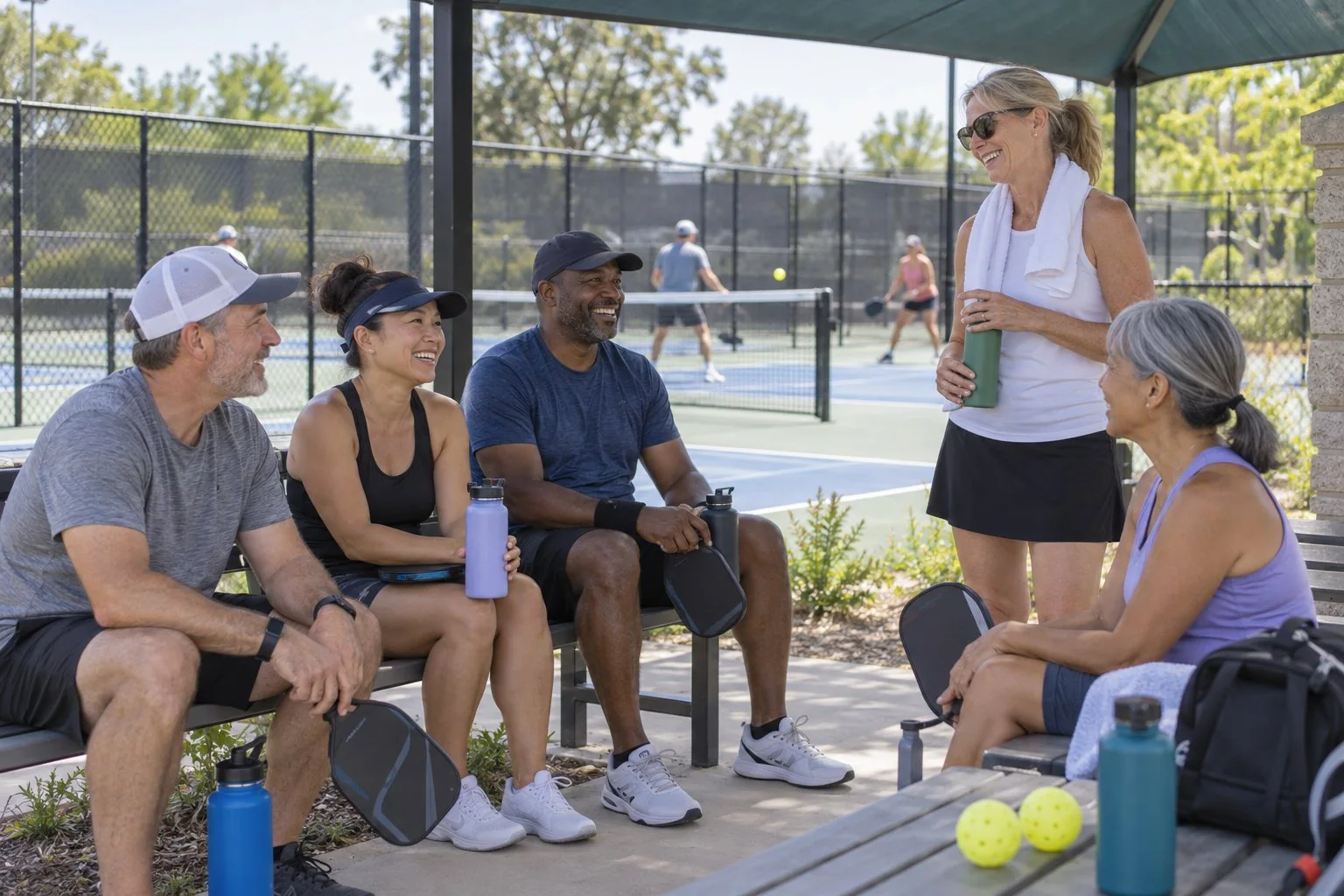 Well-maintained pickleball court surface with clear lines and net