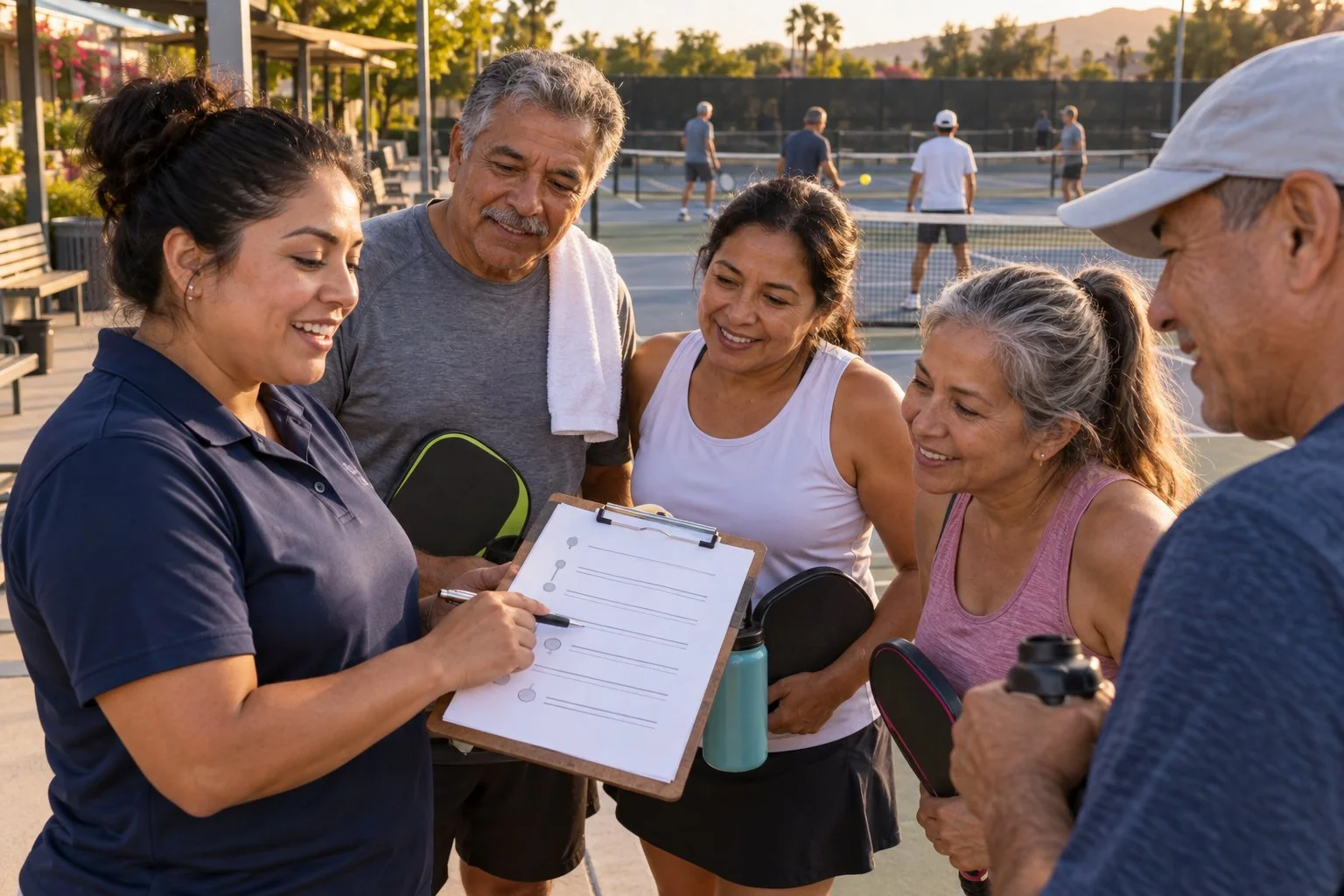 Responsable y jugadores de pickleball revisando una programación de uso tranquilo