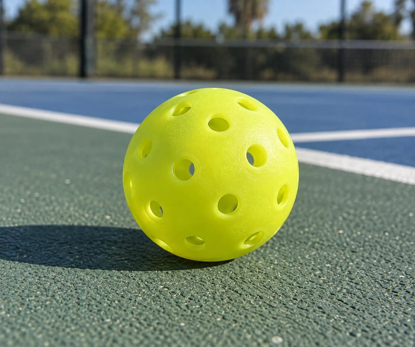 Detalhe editorial mostrando a textura e os furos de uma bola de pickleball outdoor sobre piso áspero