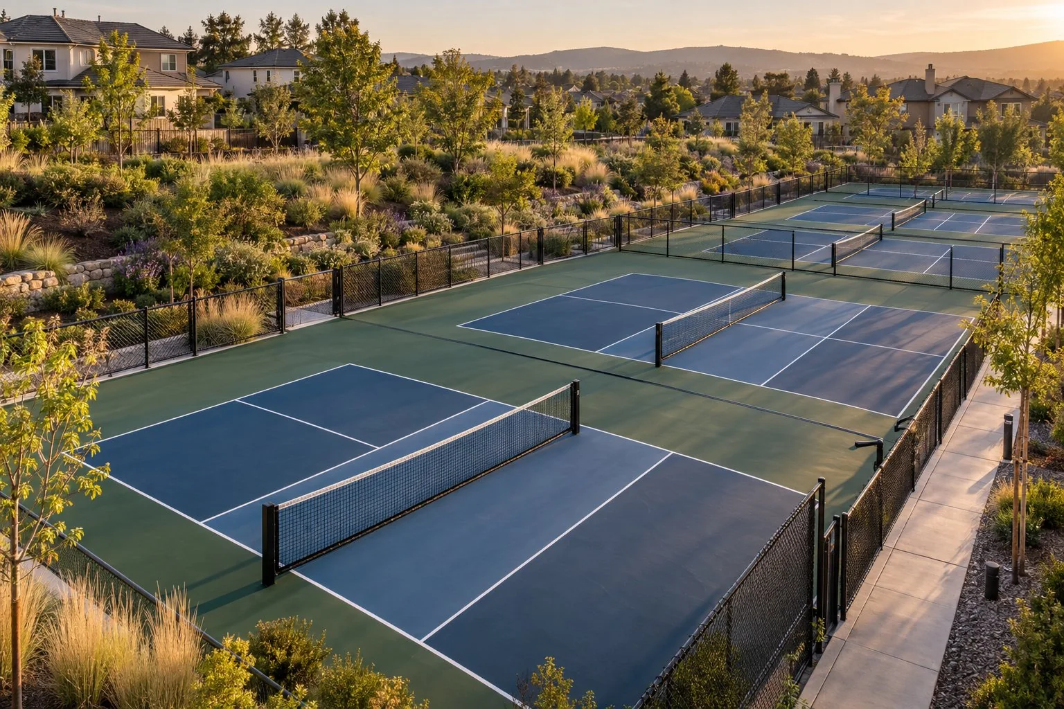 Pistas de pickleball con vegetación de separación y límites ordenados junto a viviendas