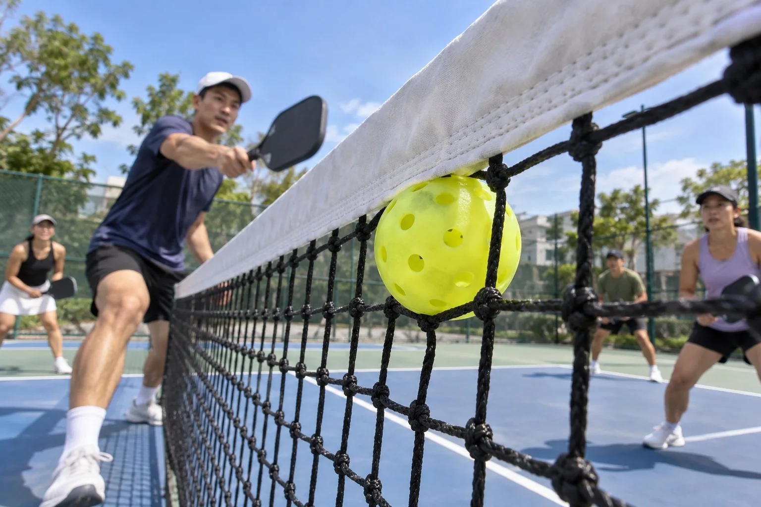 Quả bóng pickleball mắc ở lưới giữa pha bóng