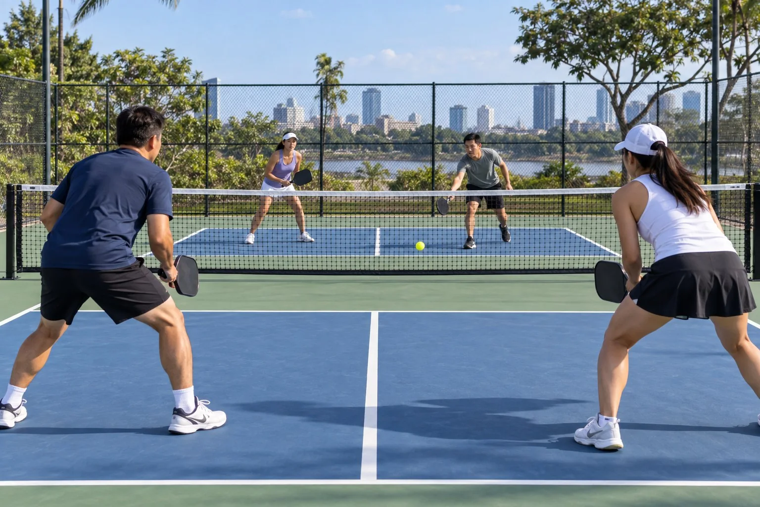 Quả bóng pickleball đã qua lưới và nảy trên sân đối diện