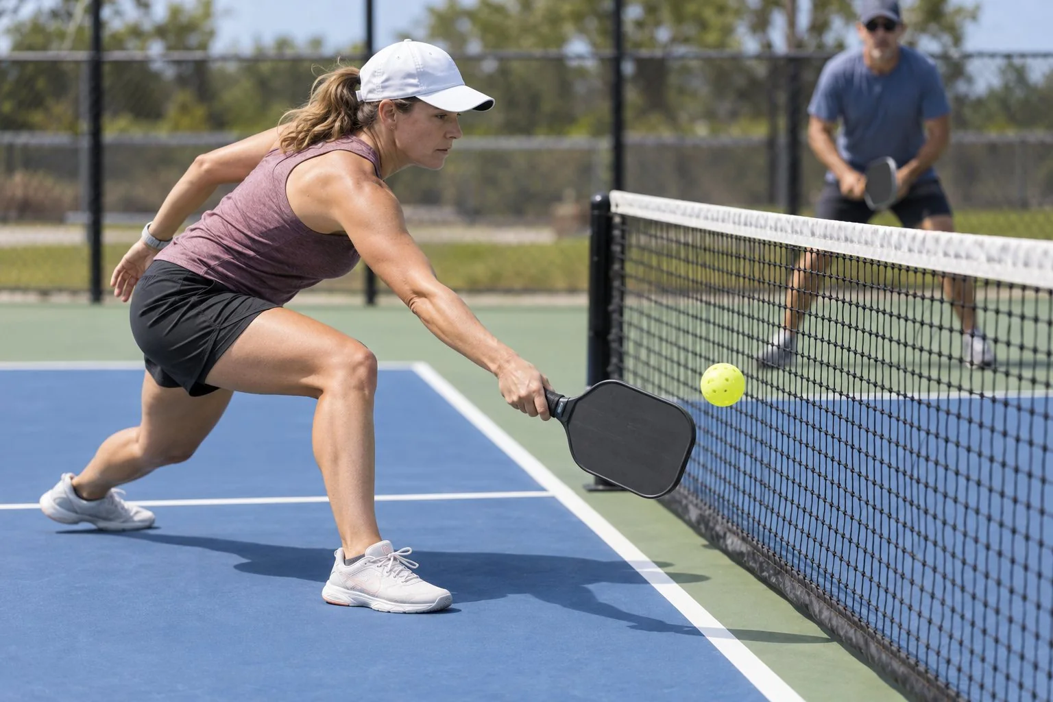 Player reaching for a low ball with paddle clear of the net