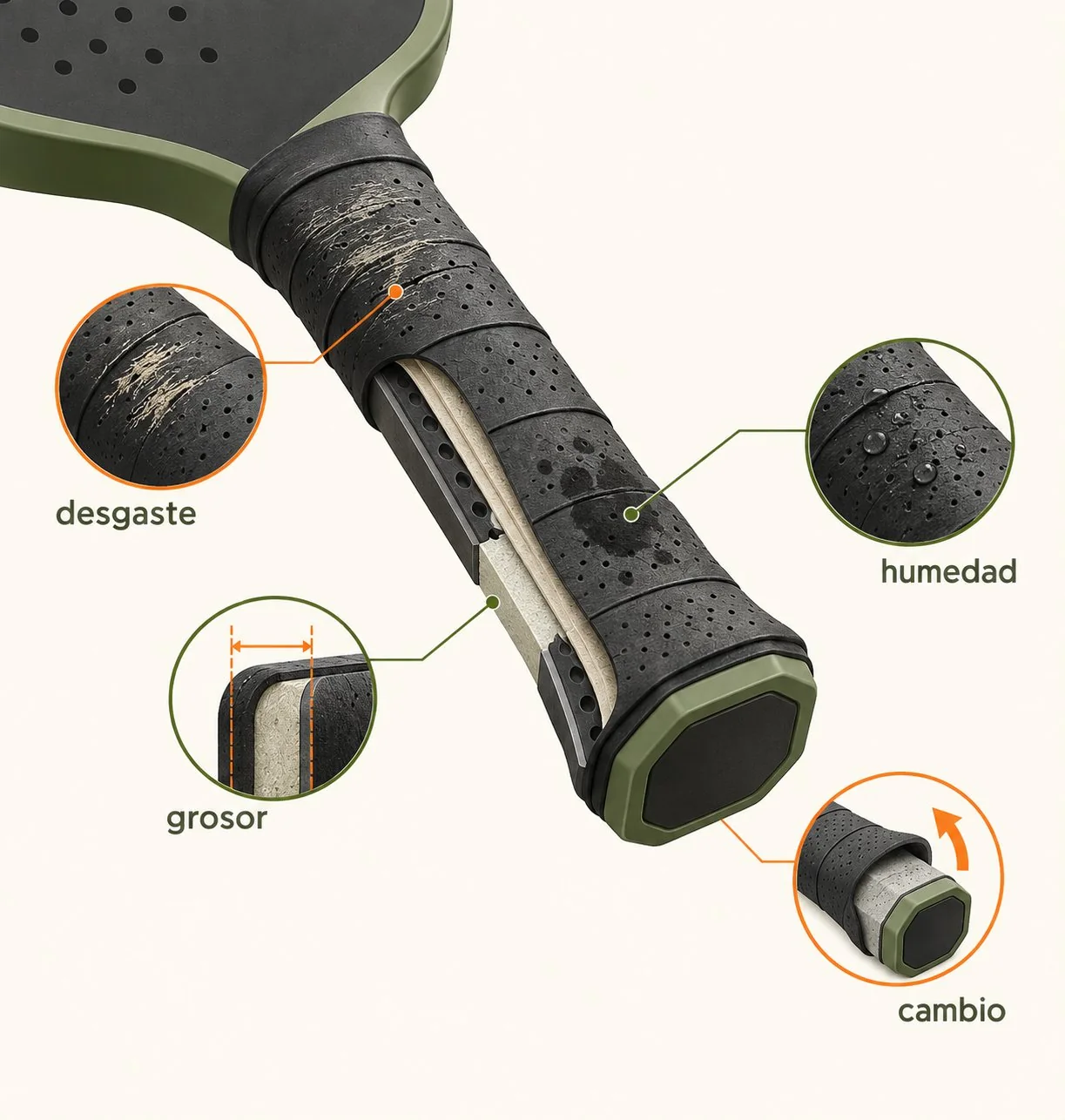 Diagrama de un mango de pala con zonas de desgaste del overgrip