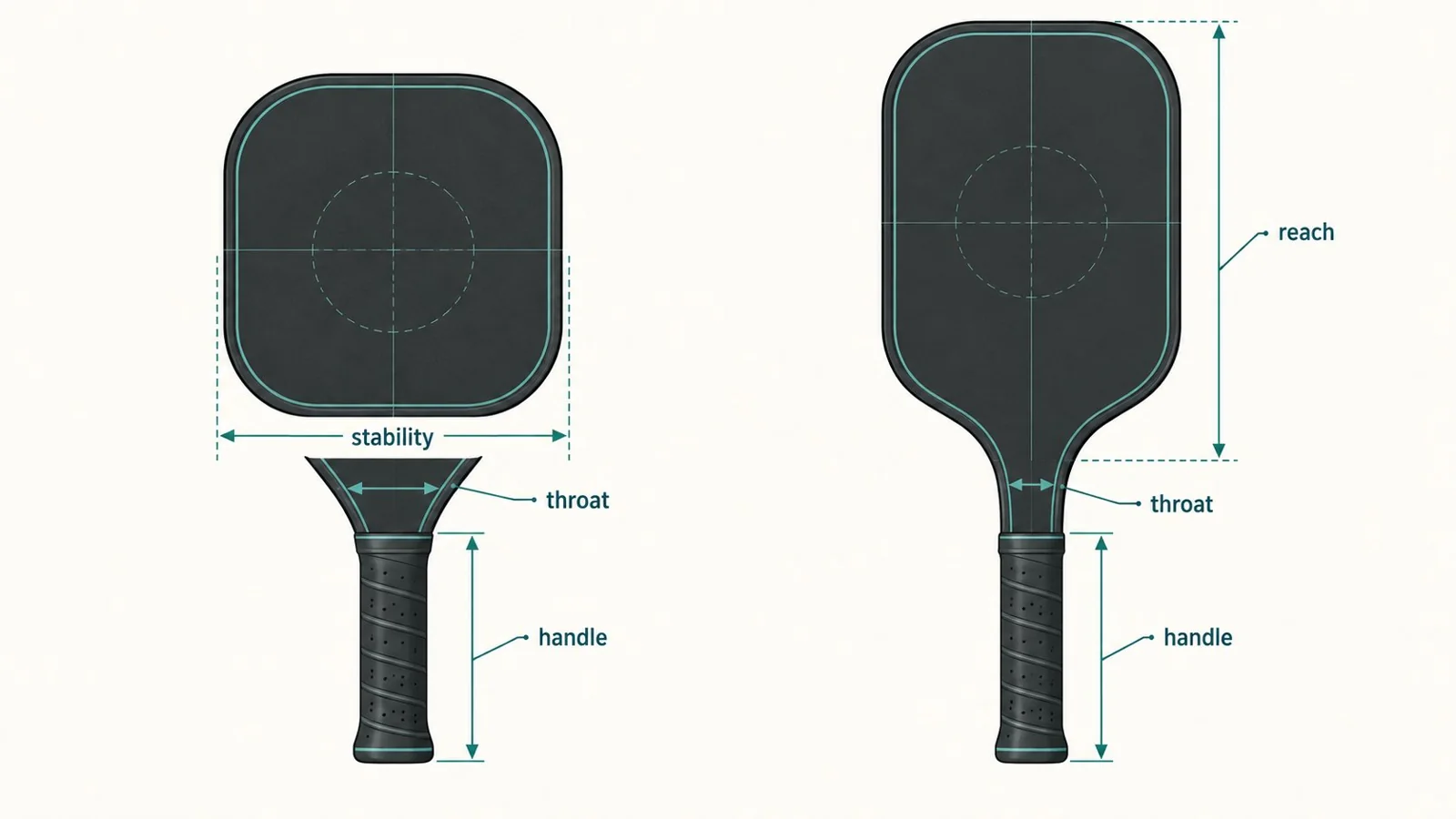 Simple diagram comparing compact and elongated paddle throat geometry
