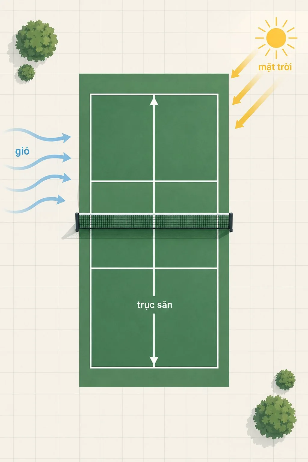 Sơ đồ trục sân pickleball với mặt trời và hướng gió