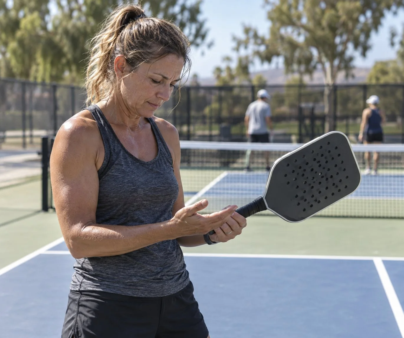 Jugador ajustando el agarre de una pala de pickleball durante un descanso