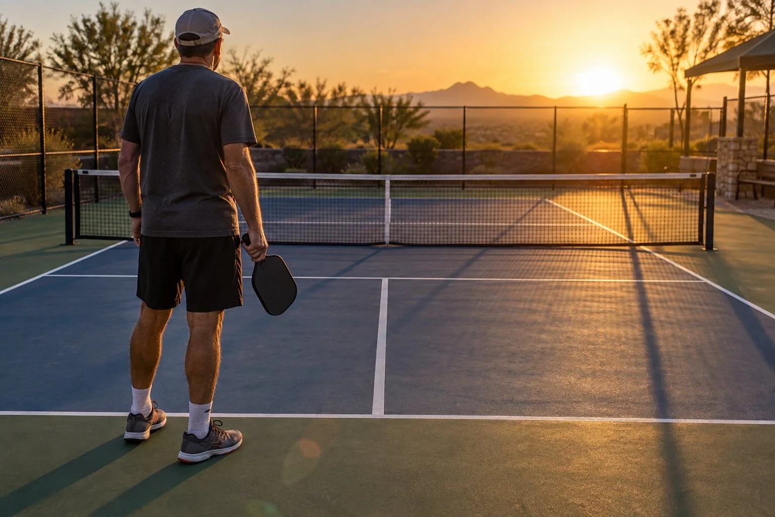 Người quản lý kiểm tra tầm nhìn trên sân pickleball lúc chiều muộn