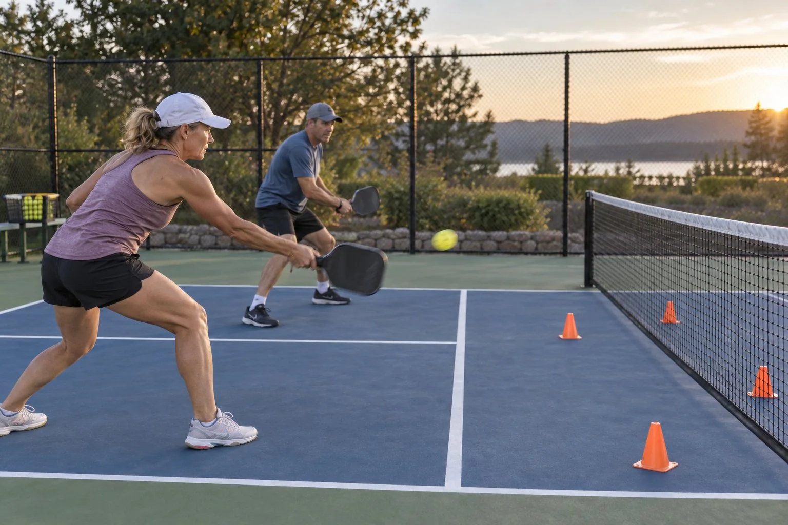 Pickleball dink recovery practice drill with two players at the kitchen, movement arrows and balanced ready positions, accurate court geometry, no readable text
