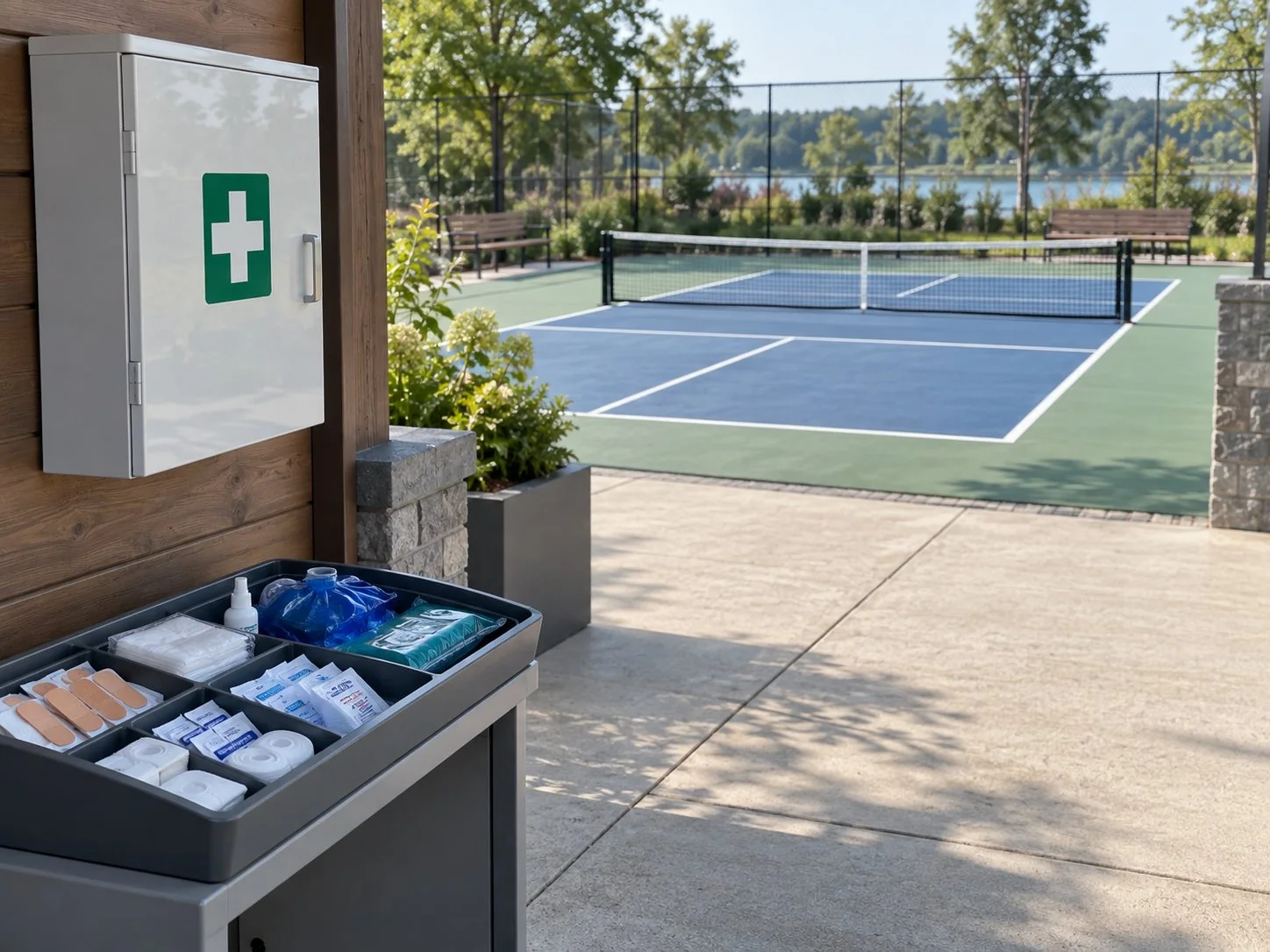 Outdoor pickleball facility with a visible first-aid station beside the court