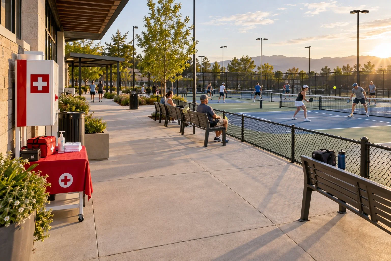 Close view of a shaded first-aid station beside an outdoor pickleball court