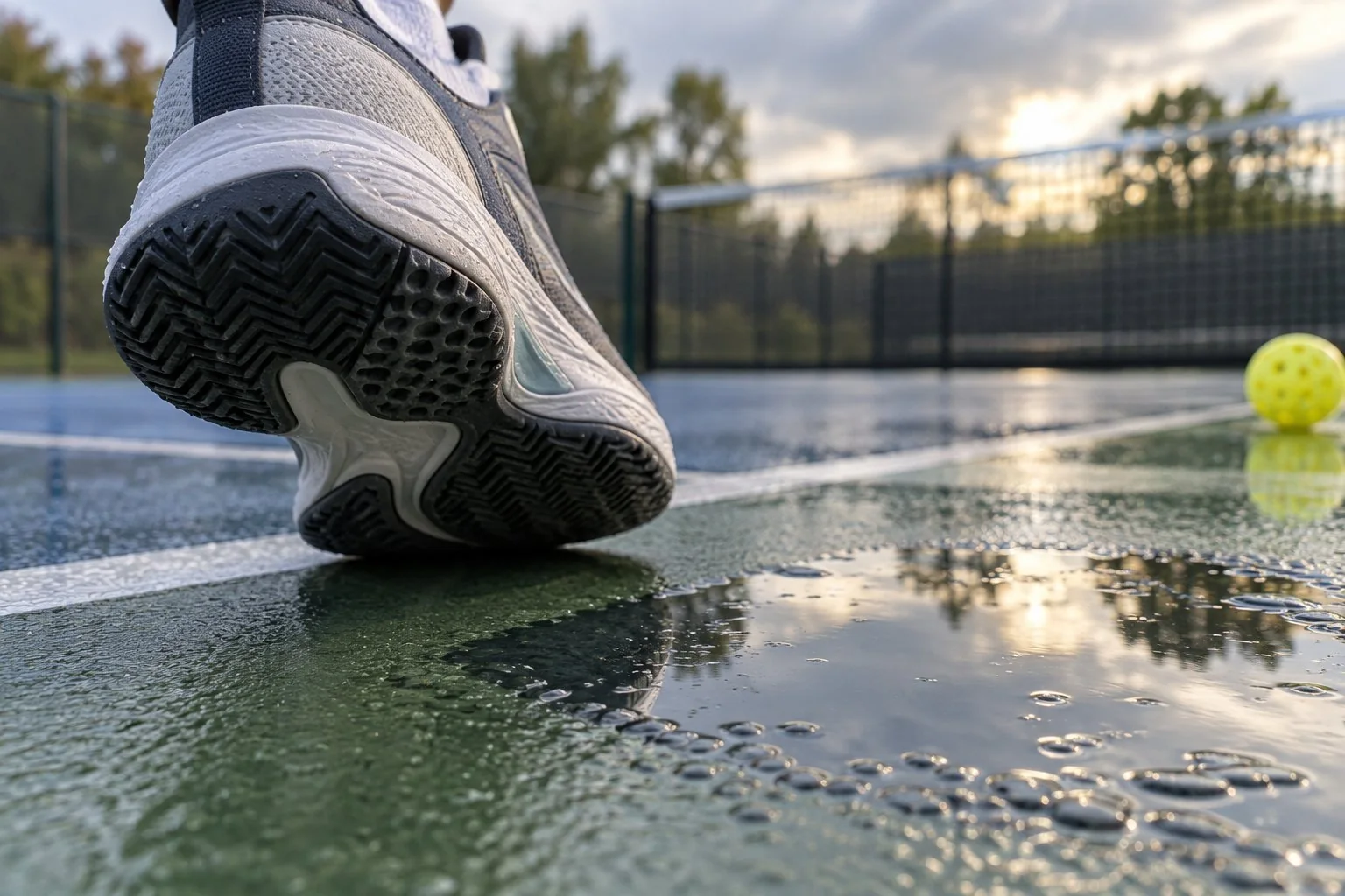 Court de pickleball humide apres une averse, joueurs attendant au bord