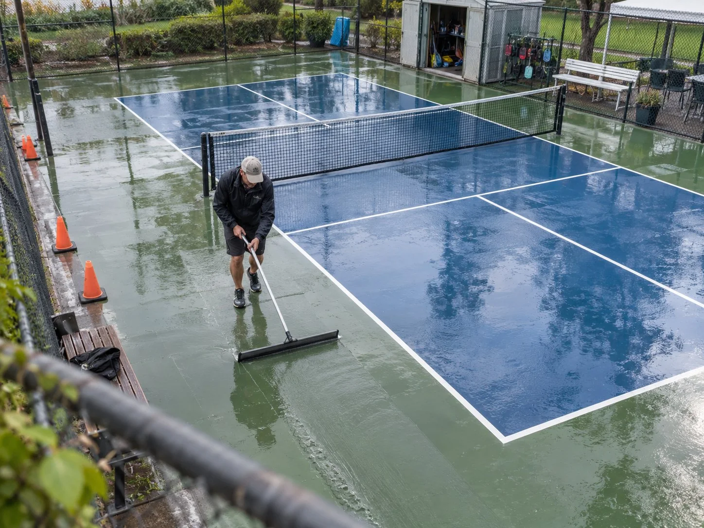 Semelle de chaussure s’arretant avant une flaque sur un court de pickleball
