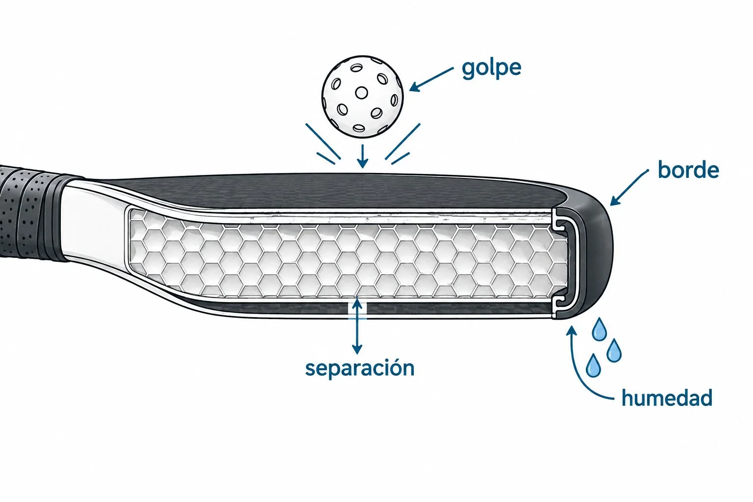 Diagrama de una pala con zonas dañadas en el protector de borde
