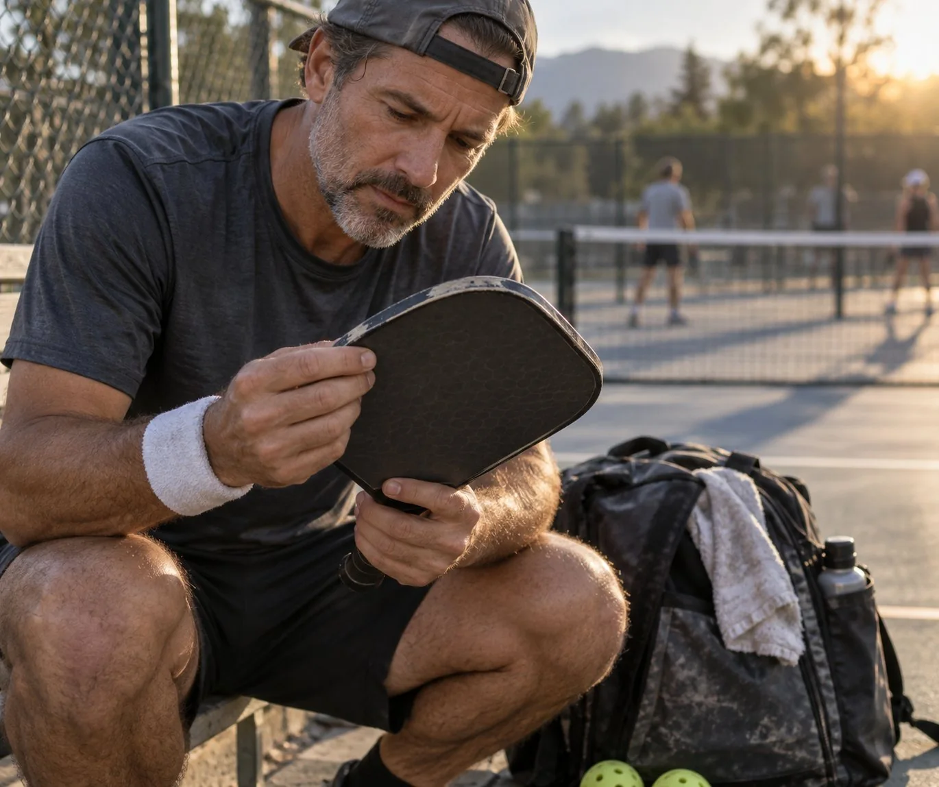 Jugador revisando el borde de una pala de pickleball