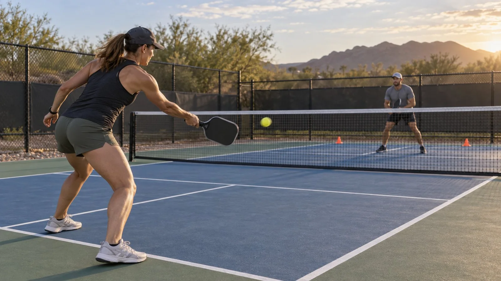 Dupla treinando devoluções no pickleball com cones