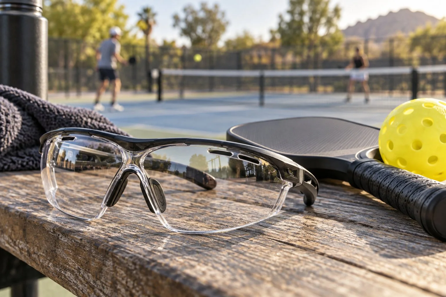 Detalle de gafas de protección junto a una pala y una pelota de pickleball