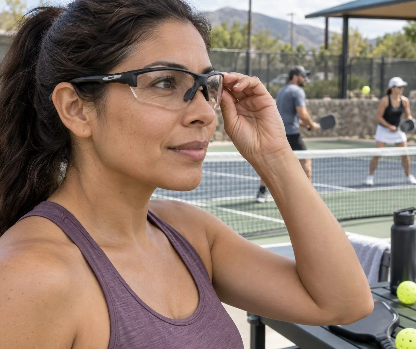 Jugador ajustando unas gafas deportivas antes de jugar al pickleball
