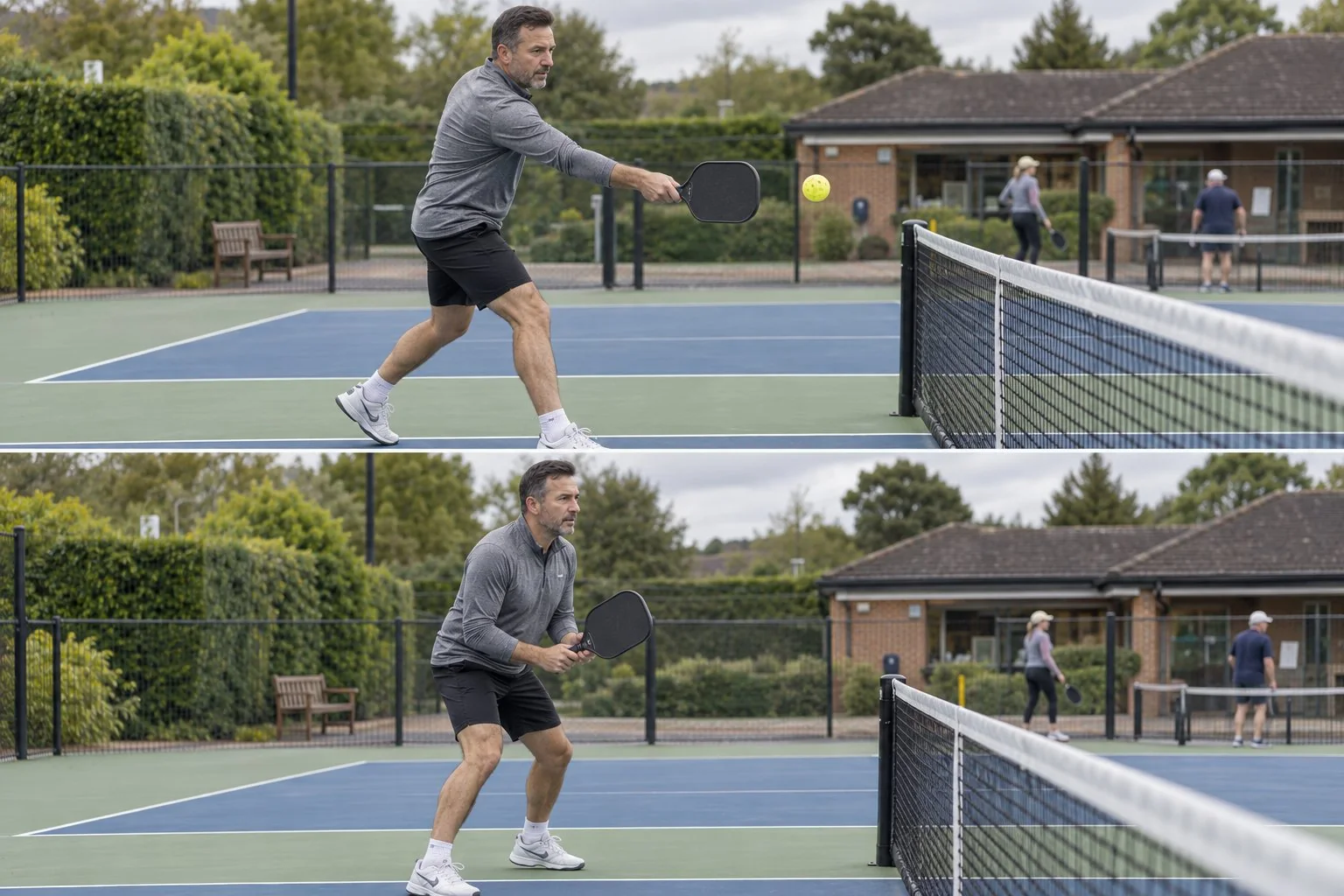 Player testing a compact forehand and reset at the non-volley line