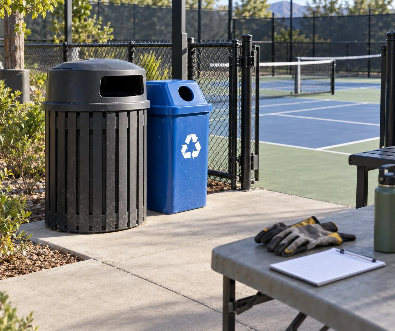 Waste and recycling containers beside a gate with a clear pedestrian route