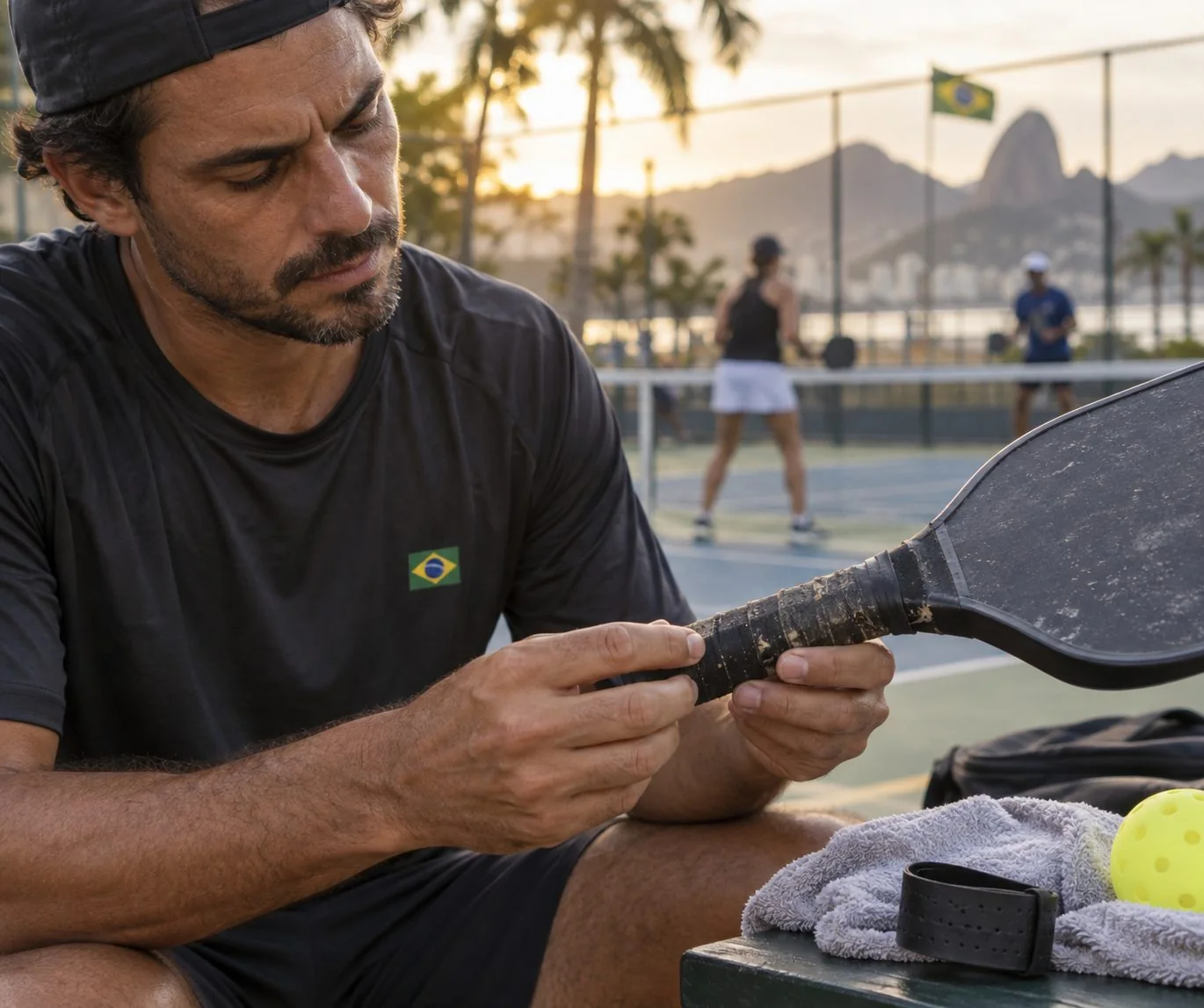 Close editorial de uma jogadora brasileira avaliando uma empunhadura lisa e úmida antes de um treino, com toalha e fita reserva ao lado